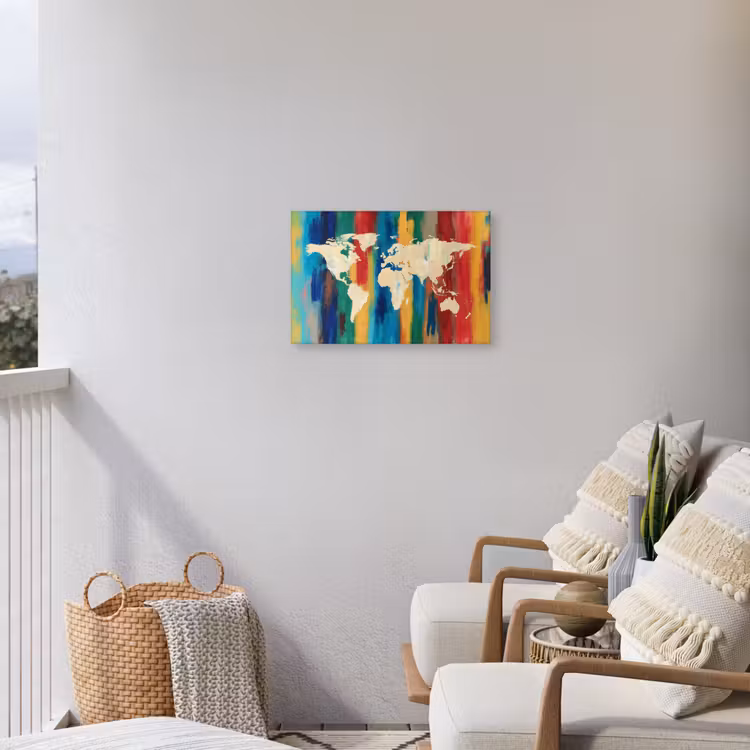 Penseelstrepen - Verticaal - Kleurrijk - Wereldkaart Tuinposter op houten frame 2 cm dik klein -sfeer1