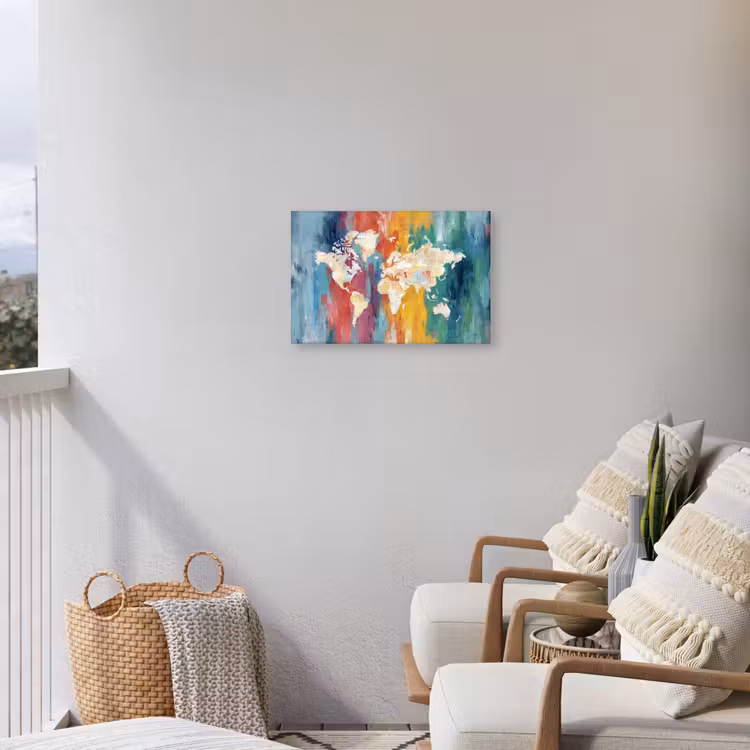 Penseelstreken - Kleurrijk - Schilderij - Wereldkaart Tuinposter op houten frame 2 cm dik klein -sfeer1