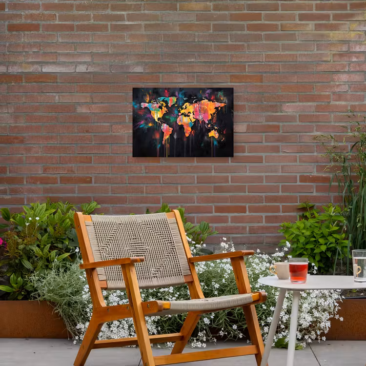 Penseelstreken - Artistiek - Wereldkaart - Kleurrijk Tuinposter op houten frame 2 cm dik klein -sfeer3