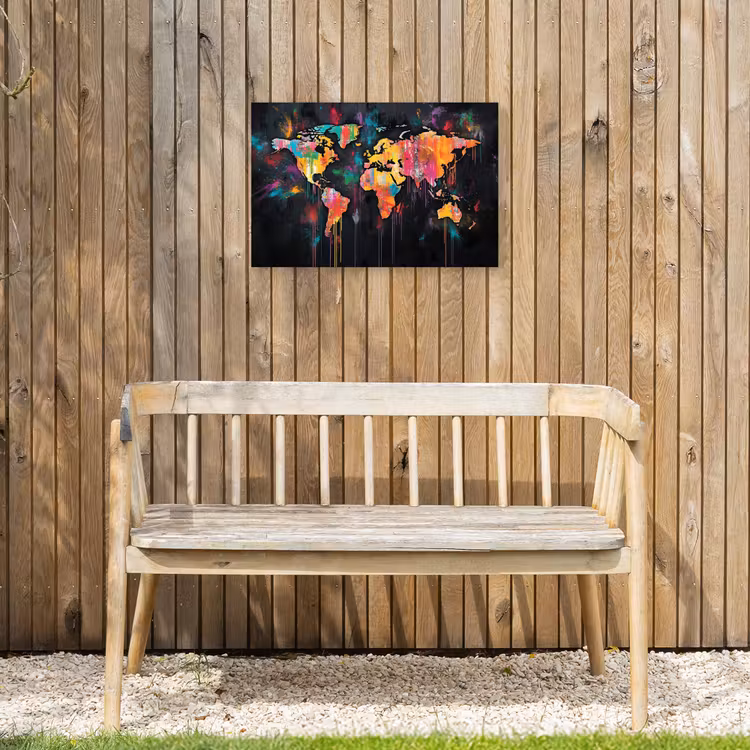 Penseelstreken - Artistiek - Wereldkaart - Kleurrijk Tuinposter op houten frame 2 cm dik klein -sfeer4