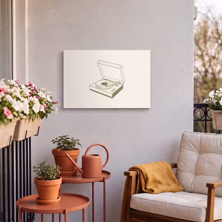 Platenspeler - Vinyl - Muziek - Minimalistisch - Groen Tuinposter op houten frame 2 cm dik klein -sfeer1