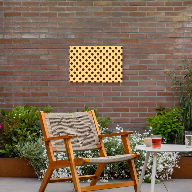 Polka Dot - Stippen - Retro - Geel - Bruin Tuinposter op houten frame 2 cm dik klein 845 -sfeer3