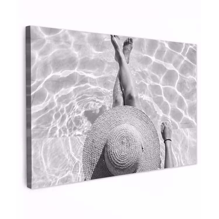 Zwembad - Hoed - Water - Zwart - Wit - Zomers Tuinposter op houten frame 2 cm dik klein -3d