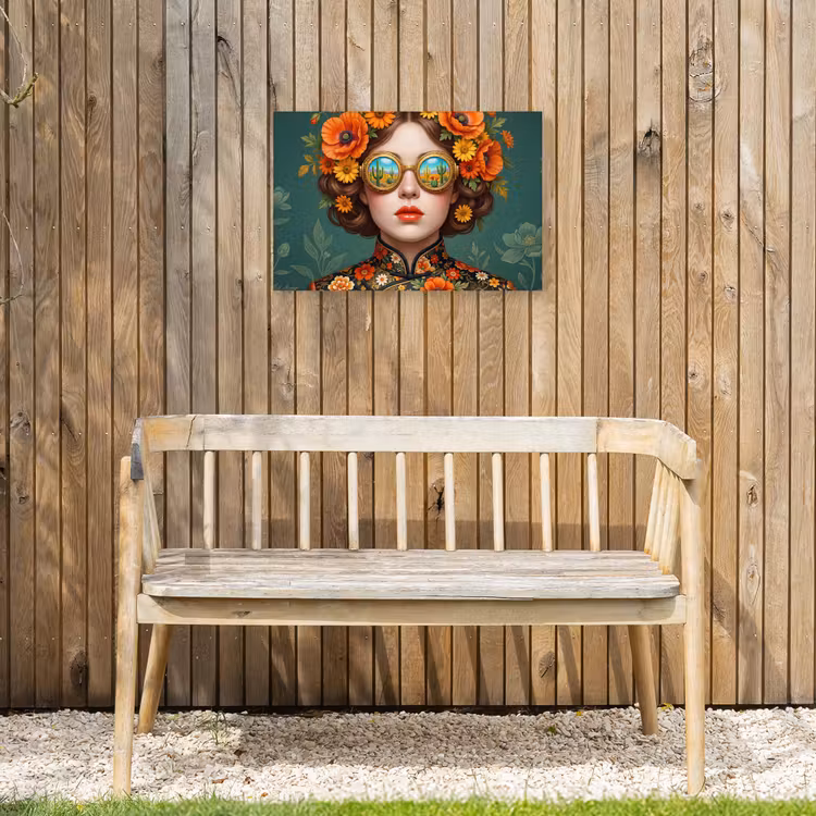 Portret - Vrouw - Kleurrijk - Expressief Tuinposter op houten frame 2 cm dik klein -sfeer4