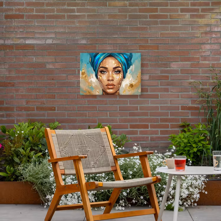 Portret - Vrouw - Schilderij - Blauw - Goud - Expressief Tuinposter op houten frame 2 cm dik klein -sfeer3