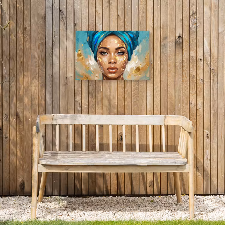 Portret - Vrouw - Schilderij - Blauw - Goud - Expressief Tuinposter op houten frame 2 cm dik klein -sfeer4