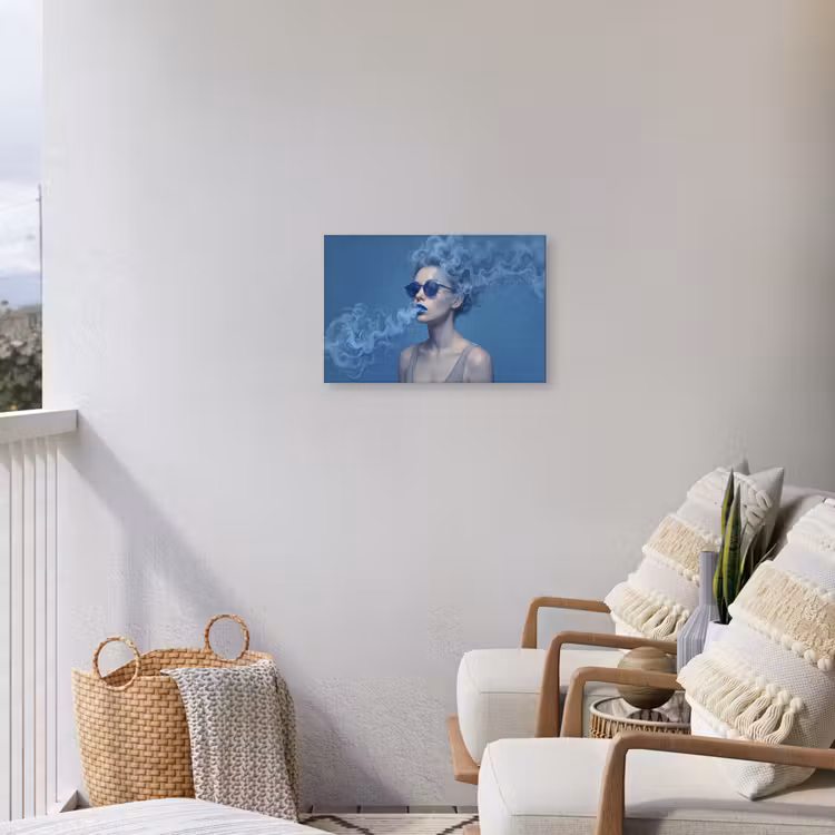 Portret - Zonnebril - Rook - Abstract - Blauw Tuinposter op houten frame 2 cm dik klein -sfeer1