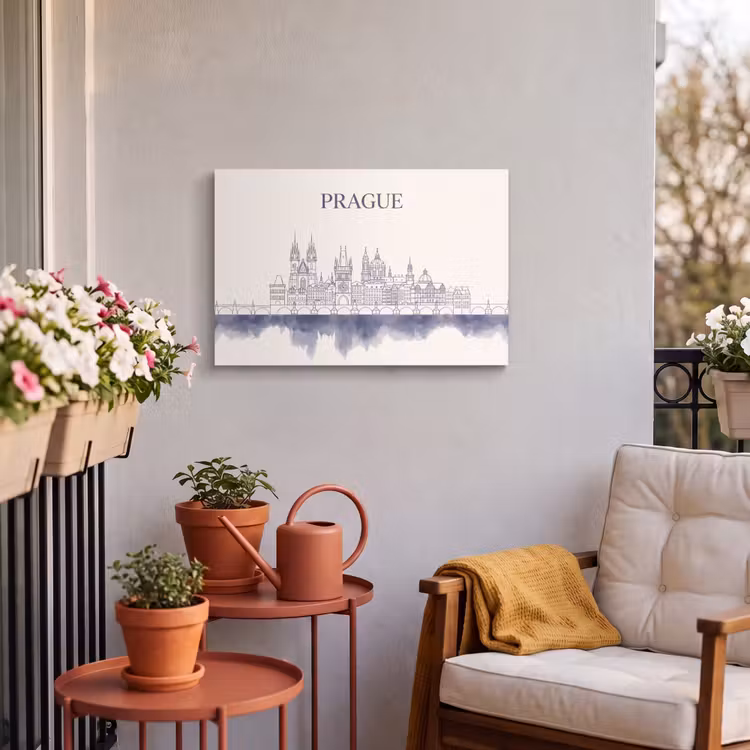 Praag - Skyline - Architectuur - Blauw Tuinposter op houten frame 2 cm dik klein -sfeer1