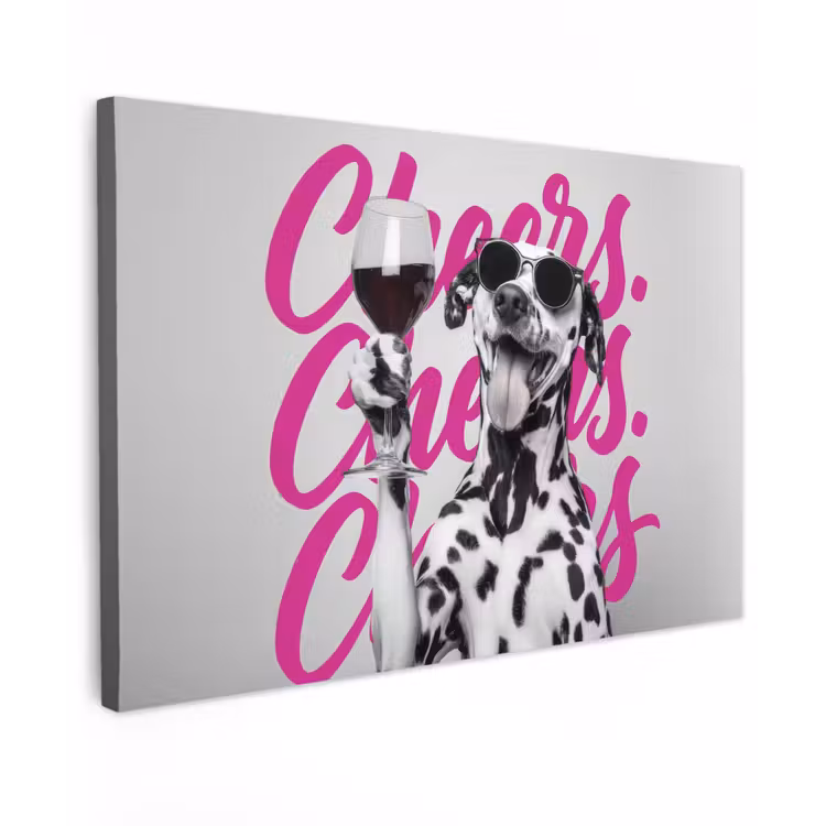 Cheers - Hond - Roze - Wijn Tuinposter op houten frame 2 cm dik klein -3d