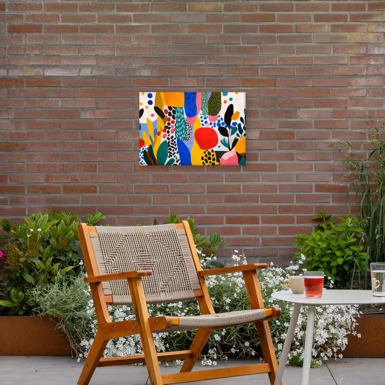 Stippen - Vormen - Modern - Kleuren Tuinposter op houten frame 2 cm dik klein -sfeer3