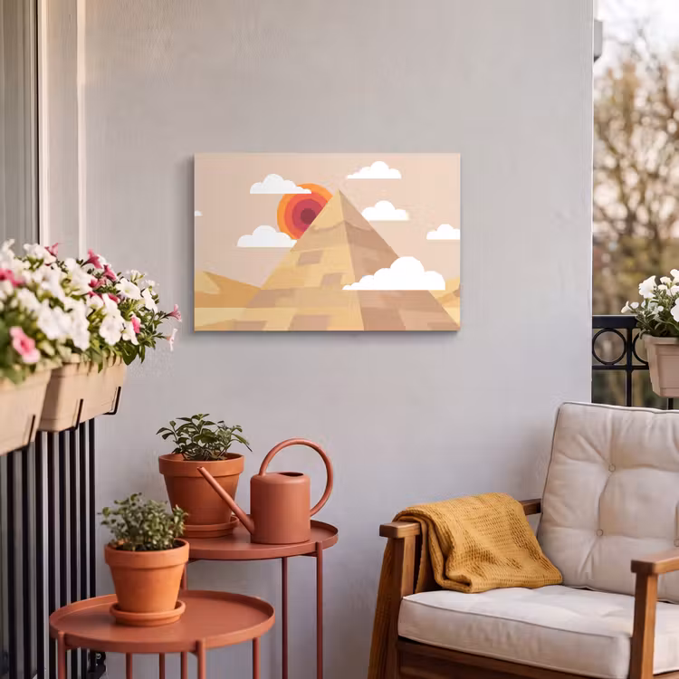 Piramide - Zon - Woestijn - Modern - Oranje Tuinposter op houten frame 2 cm dik klein -sfeer1