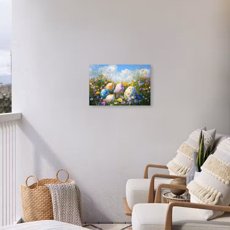 Grasveld - Eieren - Bloemen Tuinposter op houten frame 2 cm dik klein -sfeer1