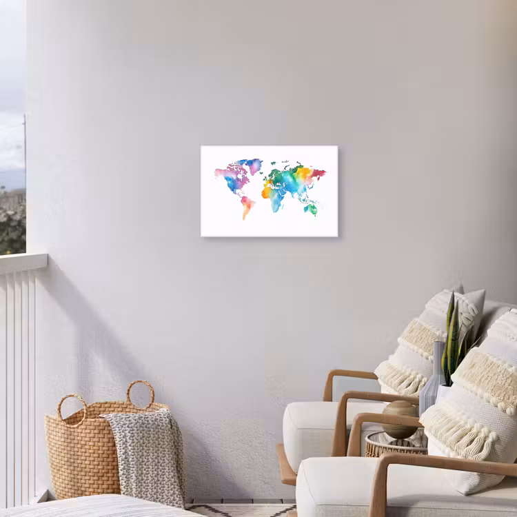 Regenboog - Wereldkaart - Aquarel Tuinposter op houten frame 2 cm dik klein -sfeer1