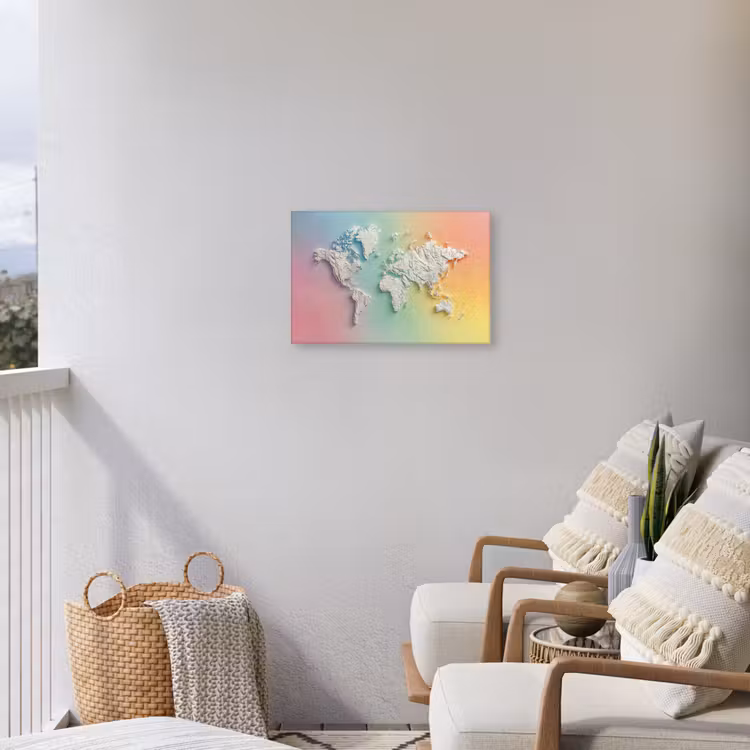 Regenboogkleuren - Wereldkaart - Zacht - Continenten Tuinposter op houten frame 2 cm dik klein -sfeer1