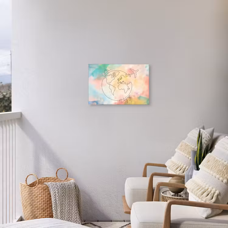 Voyage - Wereldbol - Pastel - Quote Tuinposter op houten frame 2 cm dik klein -sfeer1