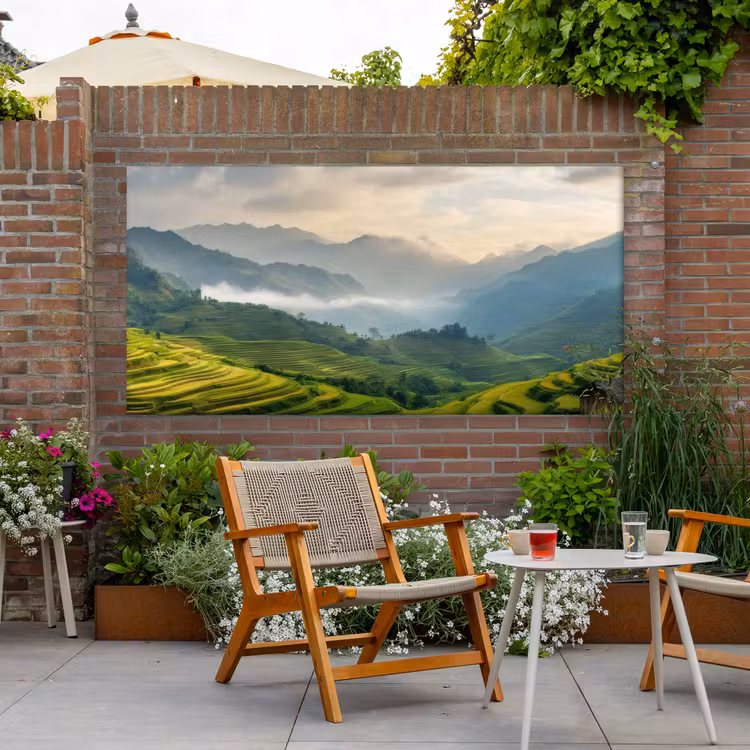 Rijstvelden - Bergen - Groen - Natuur Tuinposter op houten frame 2 cm dik xxl -sfeer3