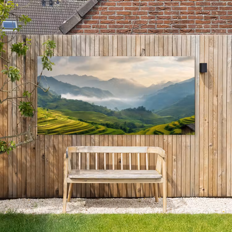 Rijstvelden - Bergen - Groen - Natuur Tuinposter op houten frame 2 cm dik xxl -sfeer4