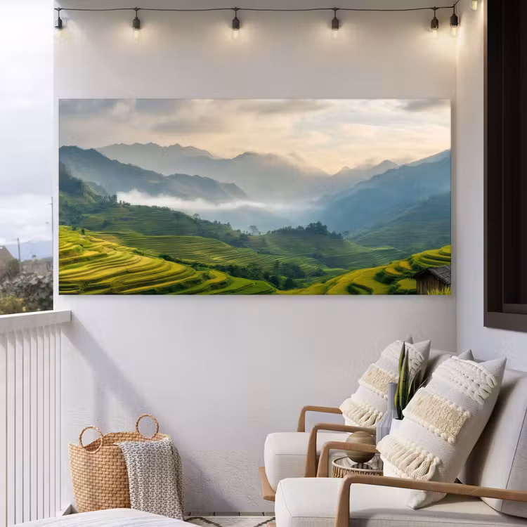 Rijstvelden - Bergen - Groen - Natuur Tuinposter op houten frame 2 cm dik xxl -sfeer1