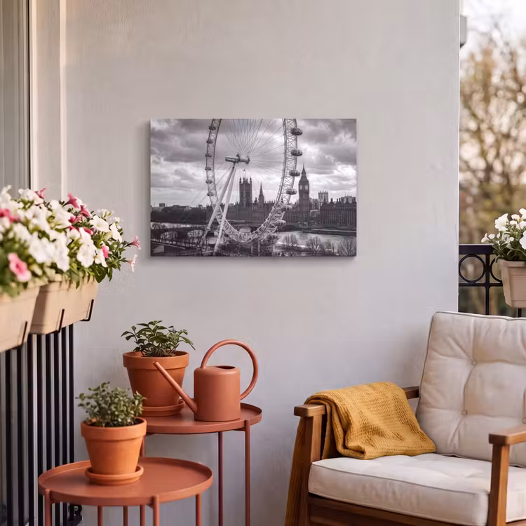 Reuzenrad - Klokkentoren - Architectuur - Zwart-wit - Stad Tuinposter op houten frame 2 cm dik klein -sfeer1