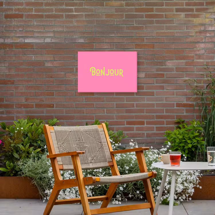 Roze - Groene Bonjour - art-deco Tuinposter op houten frame 2 cm dik klein -sfeer3