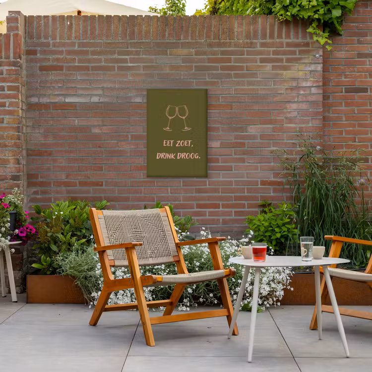 Roze - Groen - Wijn - Quote Tuinposter op houten frame 2 cm dik klein -sfeer3