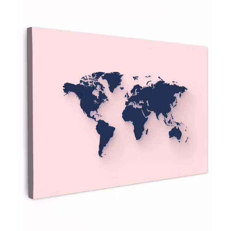 Roze - Contrast - Blauw - Wereldkaart Tuinposter op houten frame 2 cm dik klein -3d