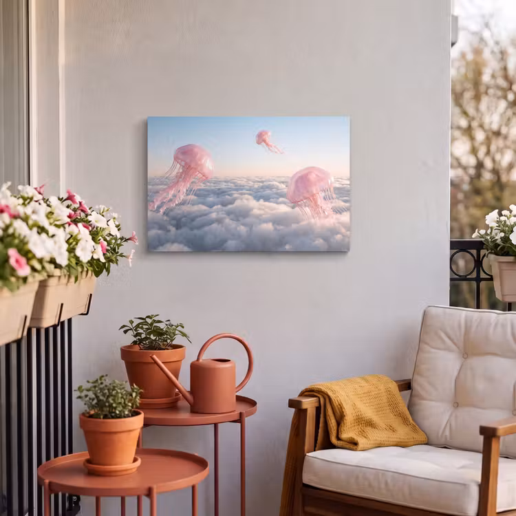 Outdoor Leinwand - Rosa Tier – Wolken - Roze dier - Wolken Tuinposter op houten frame 2 cm dik klein