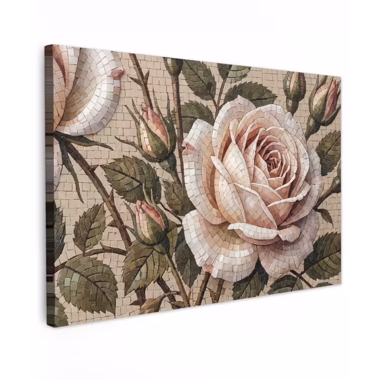 Roos - Mozaïek - Bloemen - Klassiek - Beige Tuinposter op houten frame 2 cm dik klein -3d