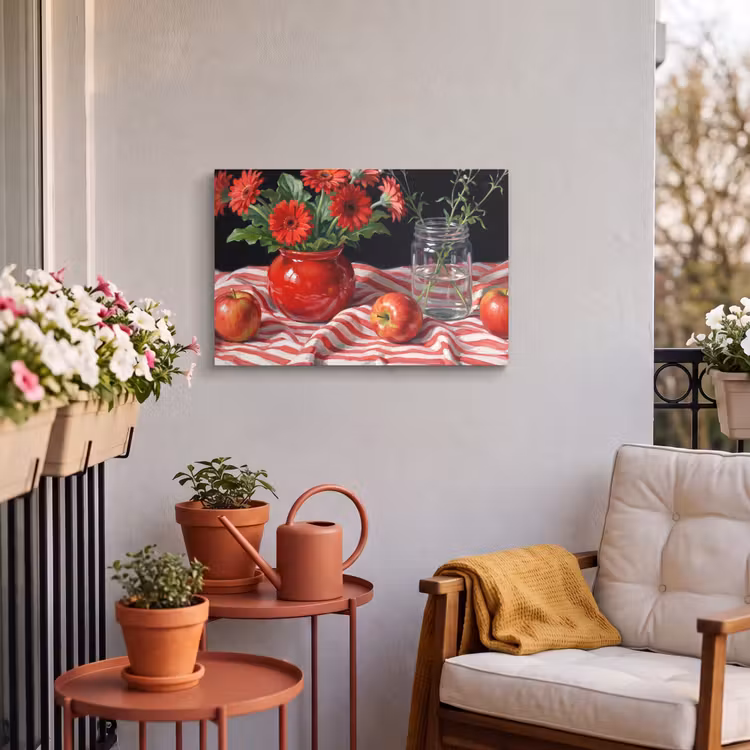 Outdoor Leinwand - Rote Blumen – Vase - Rode bloemen - Vaas Tuinposter op houten frame 2 cm dik klein