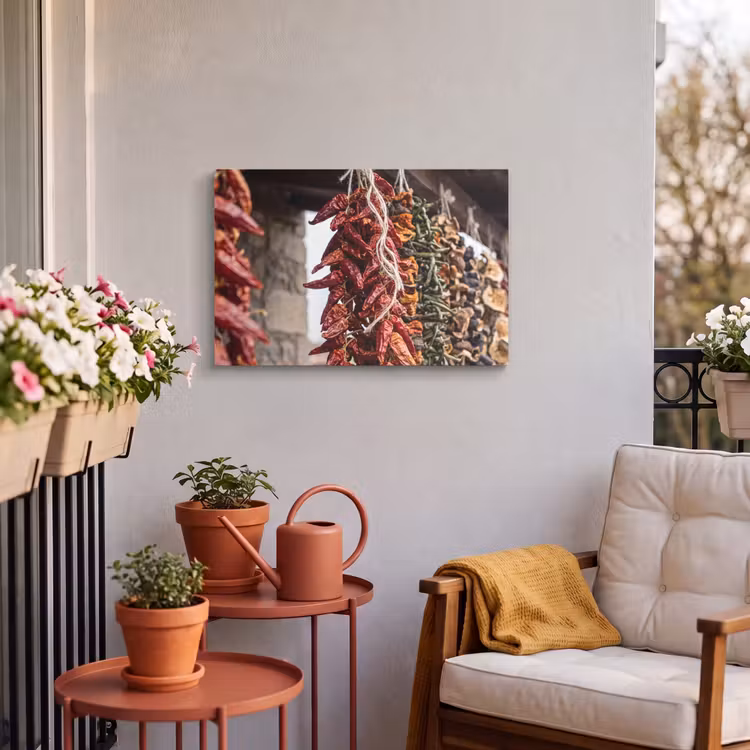 Outdoor Leinwand - Rote Chilischoten – Essen - Rode pepers - Eten Tuinposter op houten frame 2 cm dik klein
