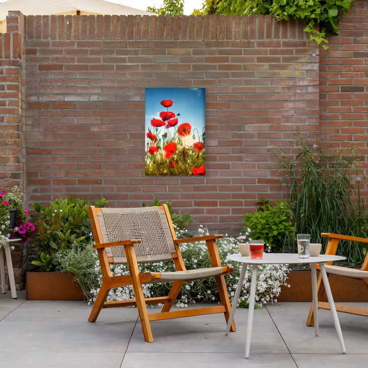 Rode klaprozen tegen de hemel Tuinposter op houten frame 2 cm dik klein -sfeer3