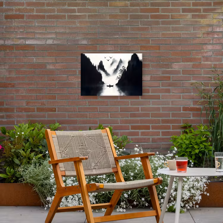 Roeiboot - Mistig - Bergen - Vogels Tuinposter op houten frame 2 cm dik klein -sfeer3