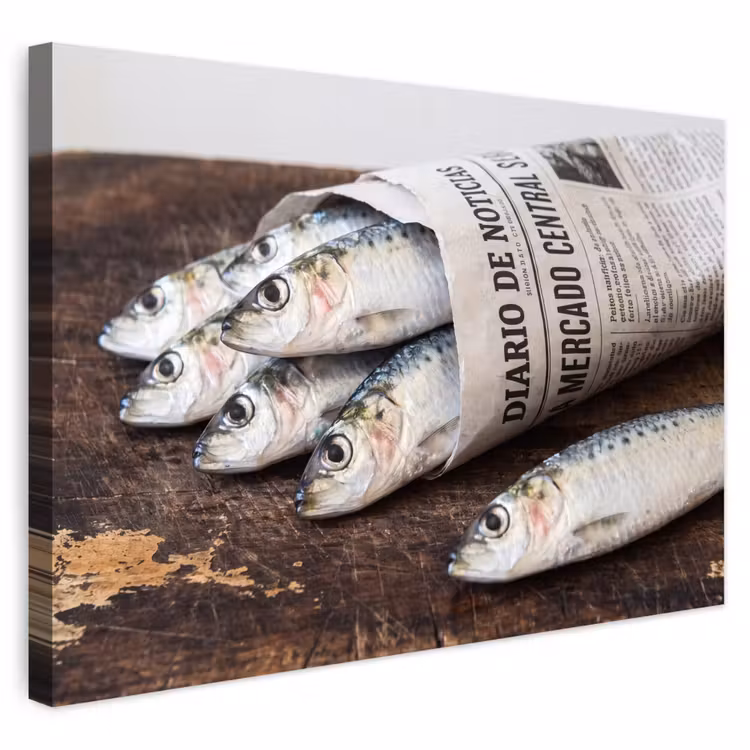 Outdoor Leinwand - Sardine – Zeitung – Schneidebrett - Sardientje - krant - snijplank Tuinposter op houten frame 2 cm dik klein