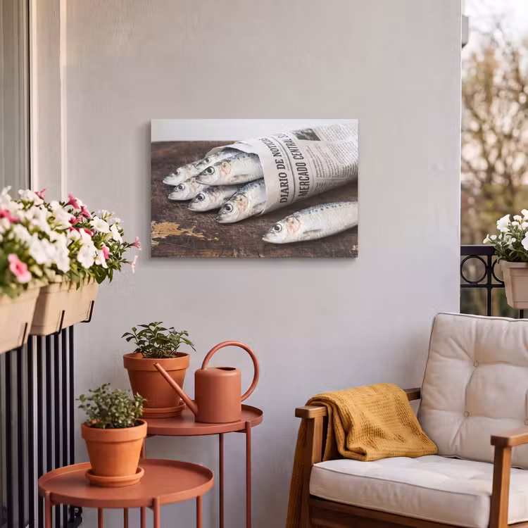 Outdoor Leinwand - Sardine – Zeitung – Schneidebrett - Sardientje - krant - snijplank Tuinposter op houten frame 2 cm dik klein