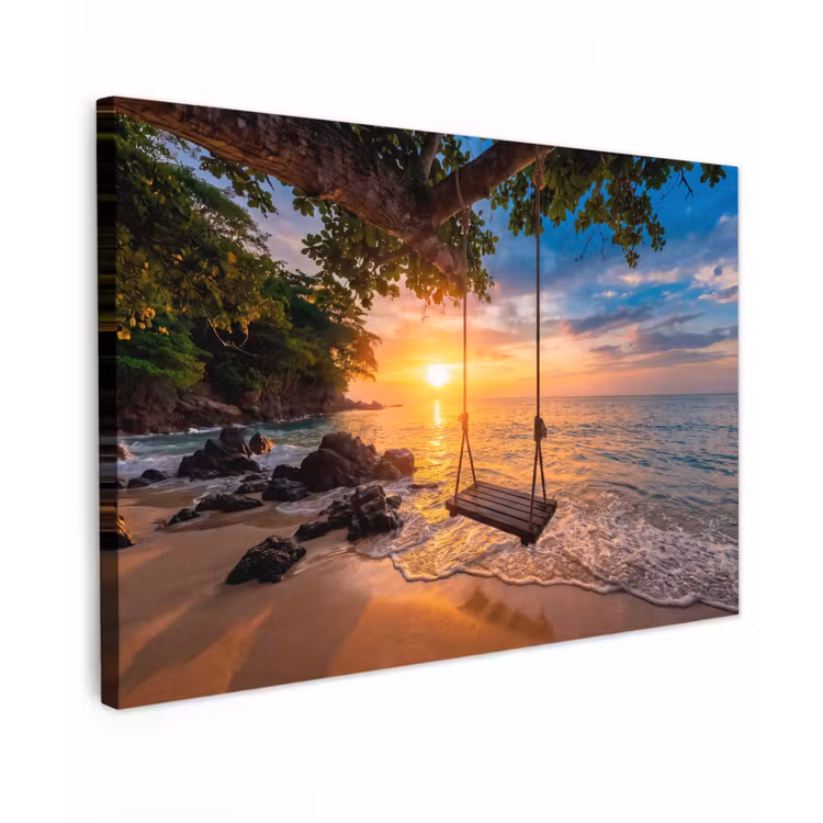 Schommel - Strand - Zonsondergang - Natuur - Oranje Tuinposter op houten frame 2 cm dik klein -3d