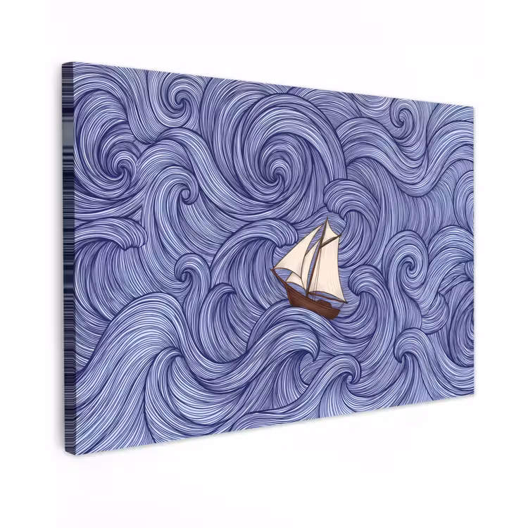 Schip - Golven - Zee - Illustratie - Blauw Tuinposter op houten frame 2 cm dik klein -3d