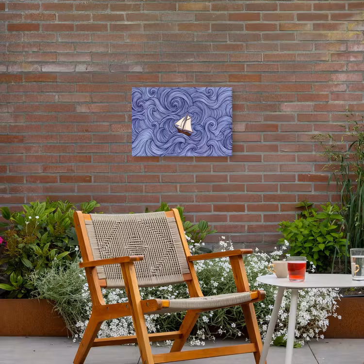 Schip - Golven - Zee - Illustratie - Blauw Tuinposter op houten frame 2 cm dik klein -sfeer3