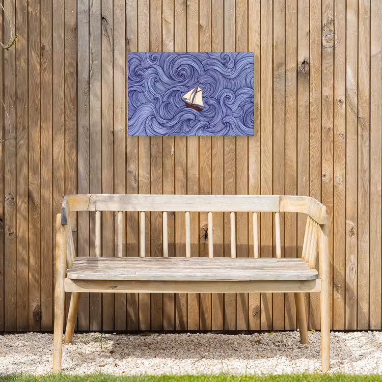 Schip - Golven - Zee - Illustratie - Blauw Tuinposter op houten frame 2 cm dik klein -sfeer4