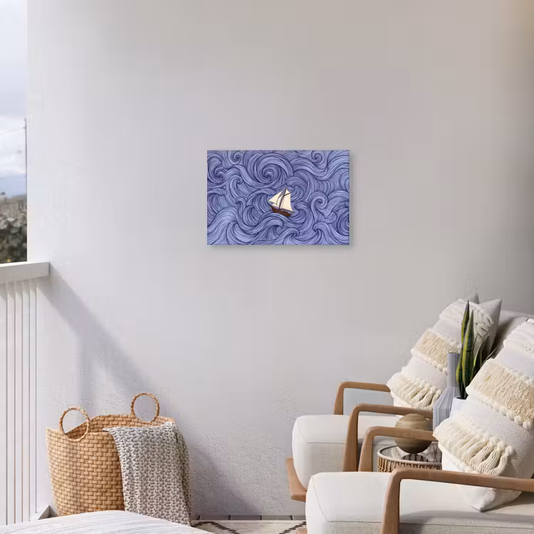 Schip - Golven - Zee - Illustratie - Blauw Tuinposter op houten frame 2 cm dik klein -sfeer1