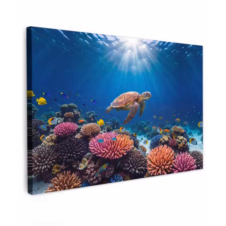 Schildpad - Koraalrif - Oceaan - Dieren - Blauw Tuinposter op houten frame 2 cm dik klein -3d