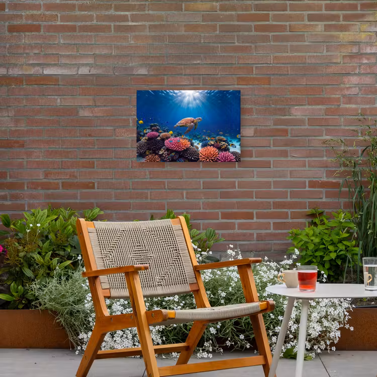 Schildpad - Koraalrif - Oceaan - Dieren - Blauw Tuinposter op houten frame 2 cm dik klein -sfeer3