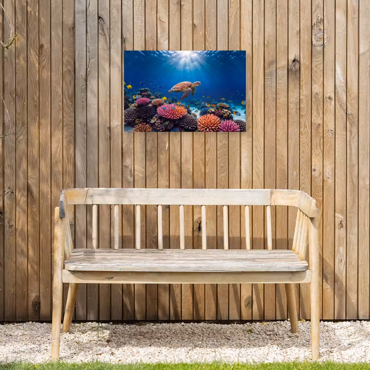 Schildpad - Koraalrif - Oceaan - Dieren - Blauw Tuinposter op houten frame 2 cm dik klein -sfeer4