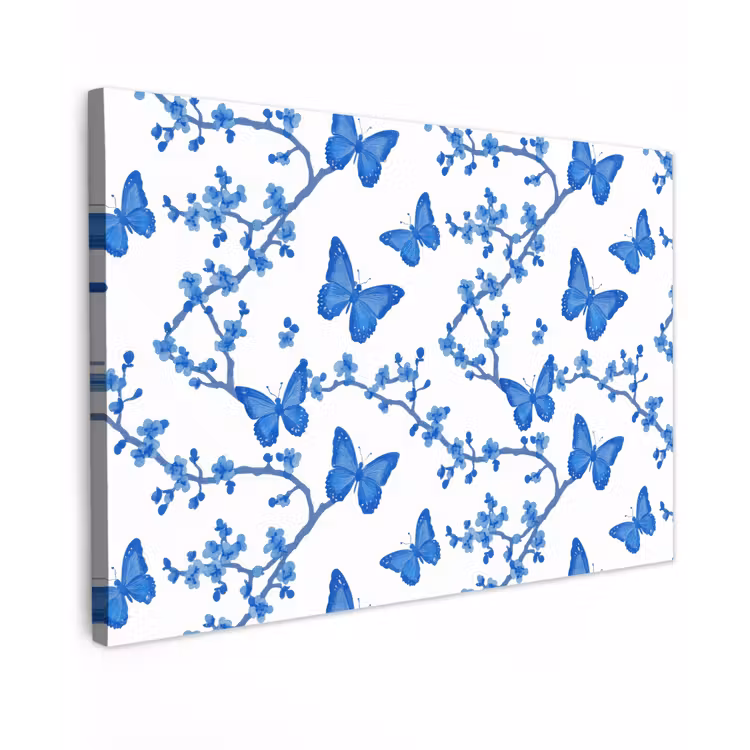 Vlinder - Bloemen - Blauw Tuinposter op houten frame 2 cm dik klein 845 -3d