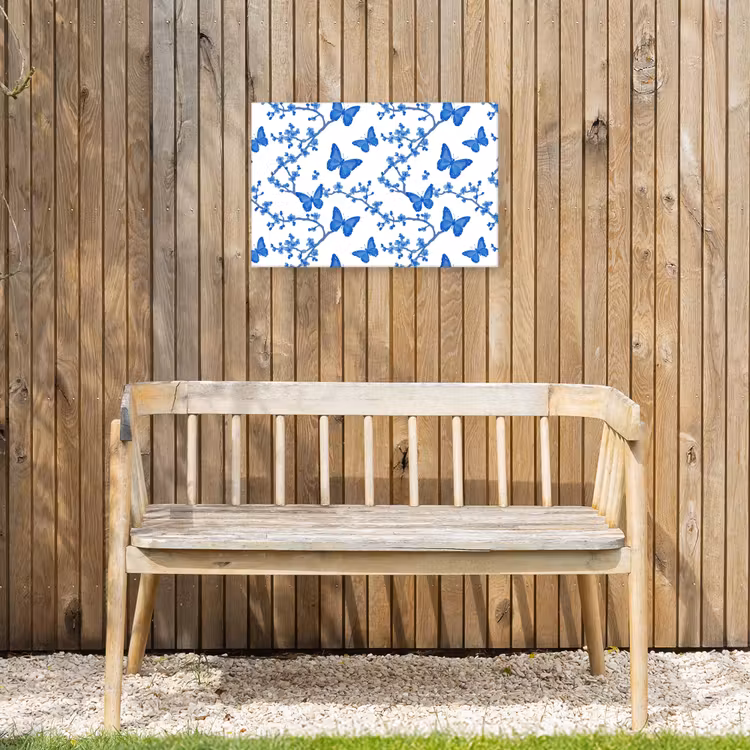 Vlinder - Bloemen - Blauw Tuinposter op houten frame 2 cm dik klein 845 -sfeer4