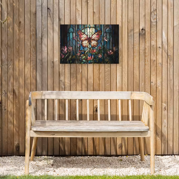 Vlinder - Roze - Bloemen - Bladeren Tuinposter op houten frame 2 cm dik klein -sfeer4