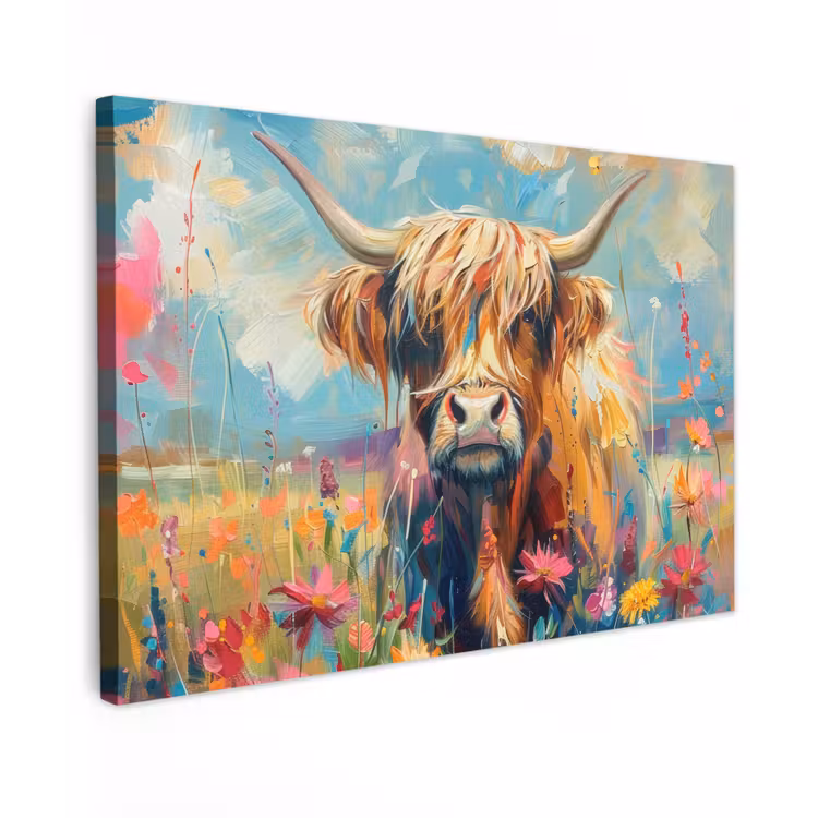 Schotse hooglander - Natuur - Kleurrijk - Bloemen Tuinposter op houten frame 2 cm dik klein -3d