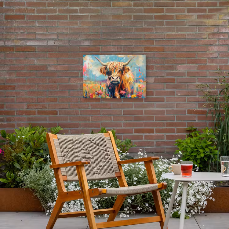 Schotse hooglander - Natuur - Kleurrijk - Bloemen Tuinposter op houten frame 2 cm dik klein -sfeer3