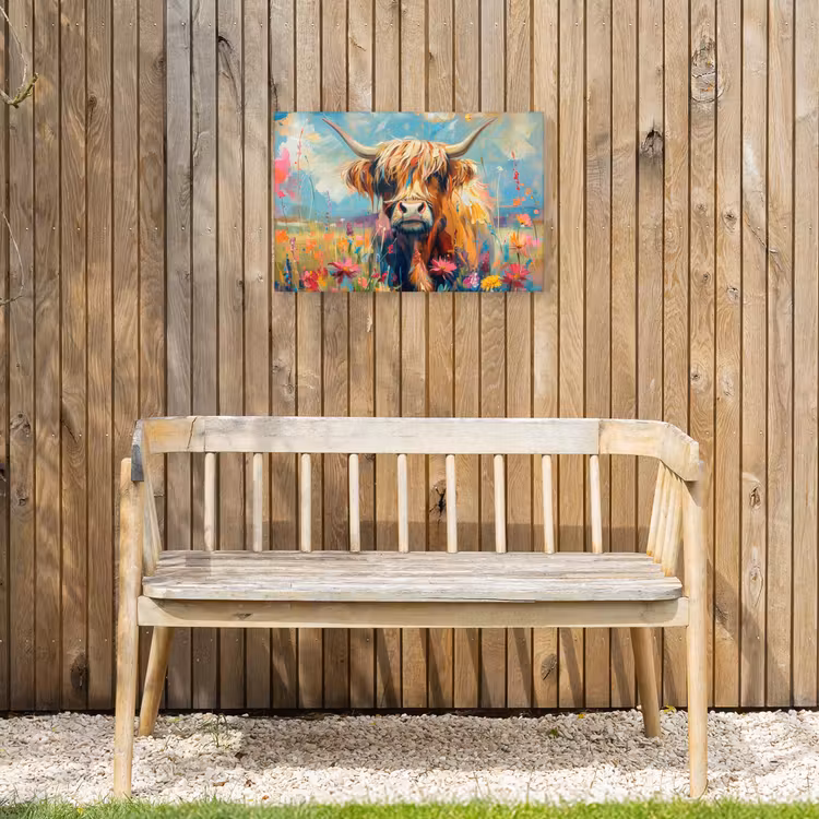 Schotse hooglander - Natuur - Kleurrijk - Bloemen Tuinposter op houten frame 2 cm dik klein -sfeer4