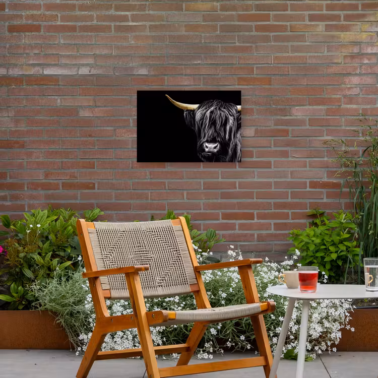 Schotse hooglander - Goud - Vacht - Dieren - Koe Tuinposter op houten frame 2 cm dik klein -sfeer3