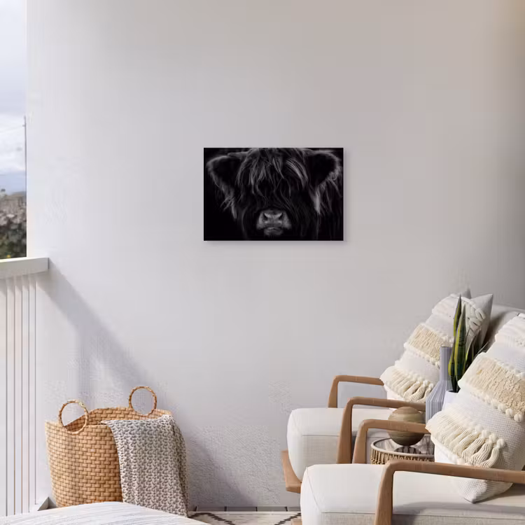 Schotse hooglander - Koe - Zwart - Wit - Dieren Tuinposter op houten frame 2 cm dik klein -sfeer1